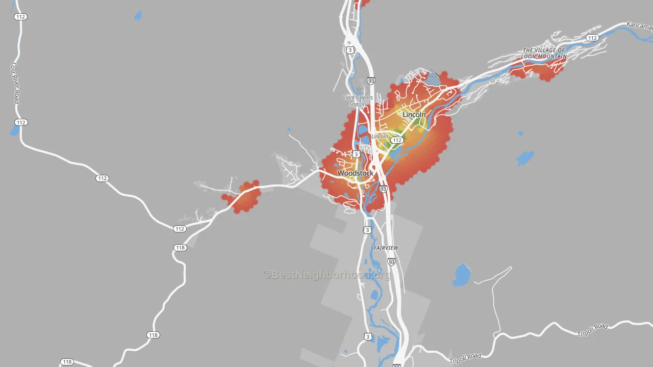 Walk Grade map of North Woodstock, NH, walkable areas in green and car-dependent areas in red