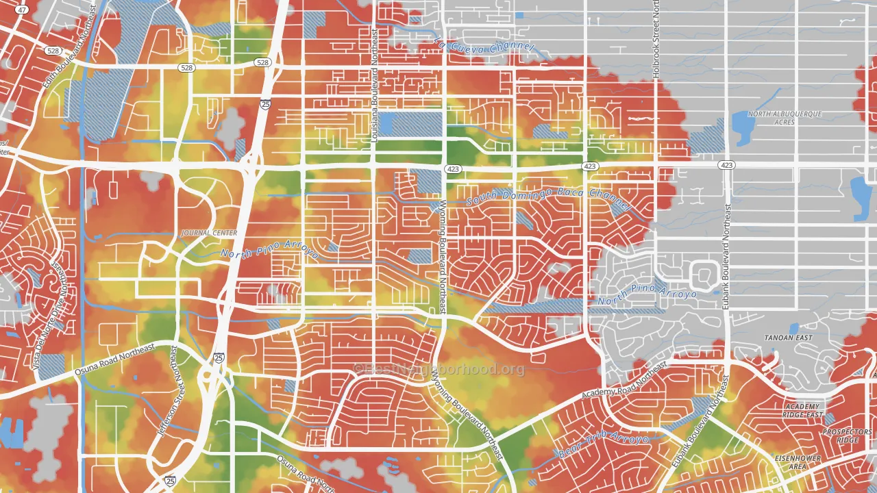 Walk Grade map of North Wyoming, Albuquerque, NM, walkable areas in green and car-dependent areas in red