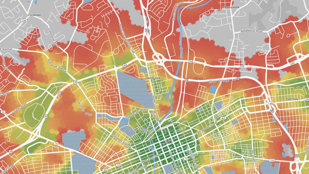 Walk Grade map of North York, PA, walkable areas in green and car-dependent areas in red