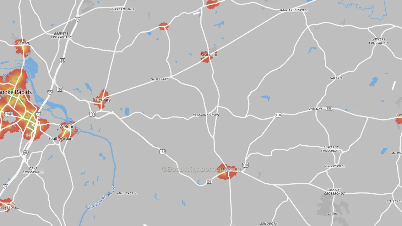 Walk Grade map of Northampton County, NC, walkable areas in green and car-dependent areas in red