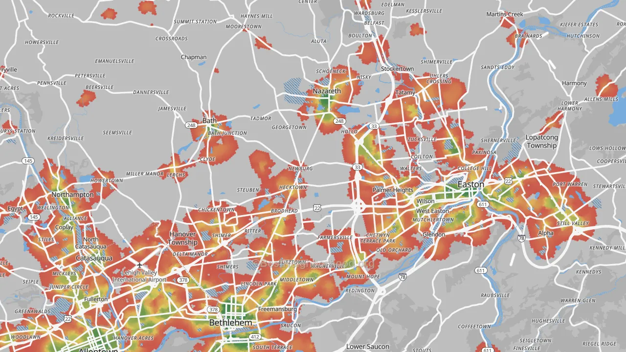 Walk Grade map of Northampton County, PA, walkable areas in green and car-dependent areas in red