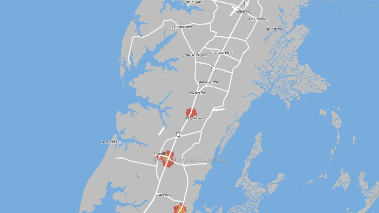Walk Grade map of Northampton County, VA, walkable areas in green and car-dependent areas in red