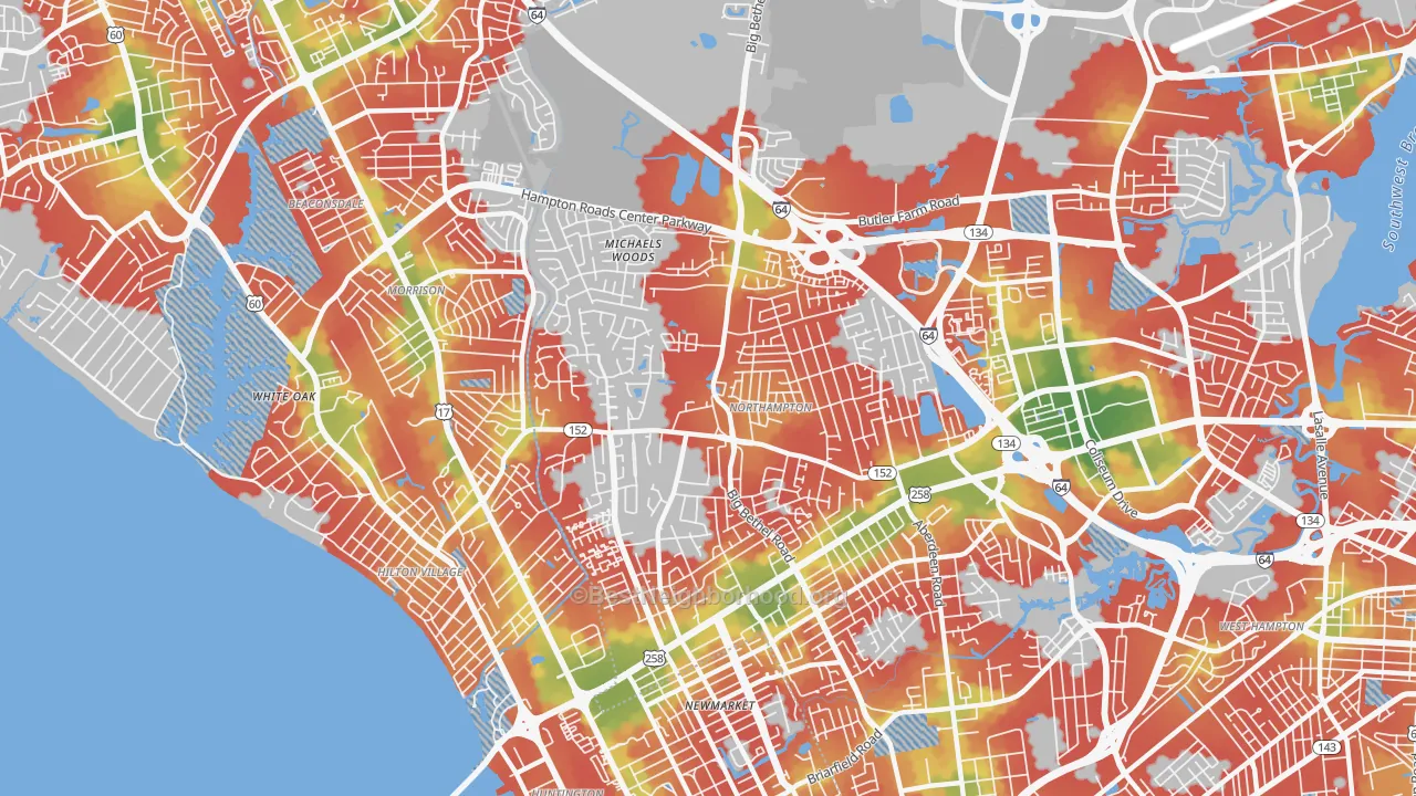 Walk Grade map of Northampton, Hampton, VA, walkable areas in green and car-dependent areas in red