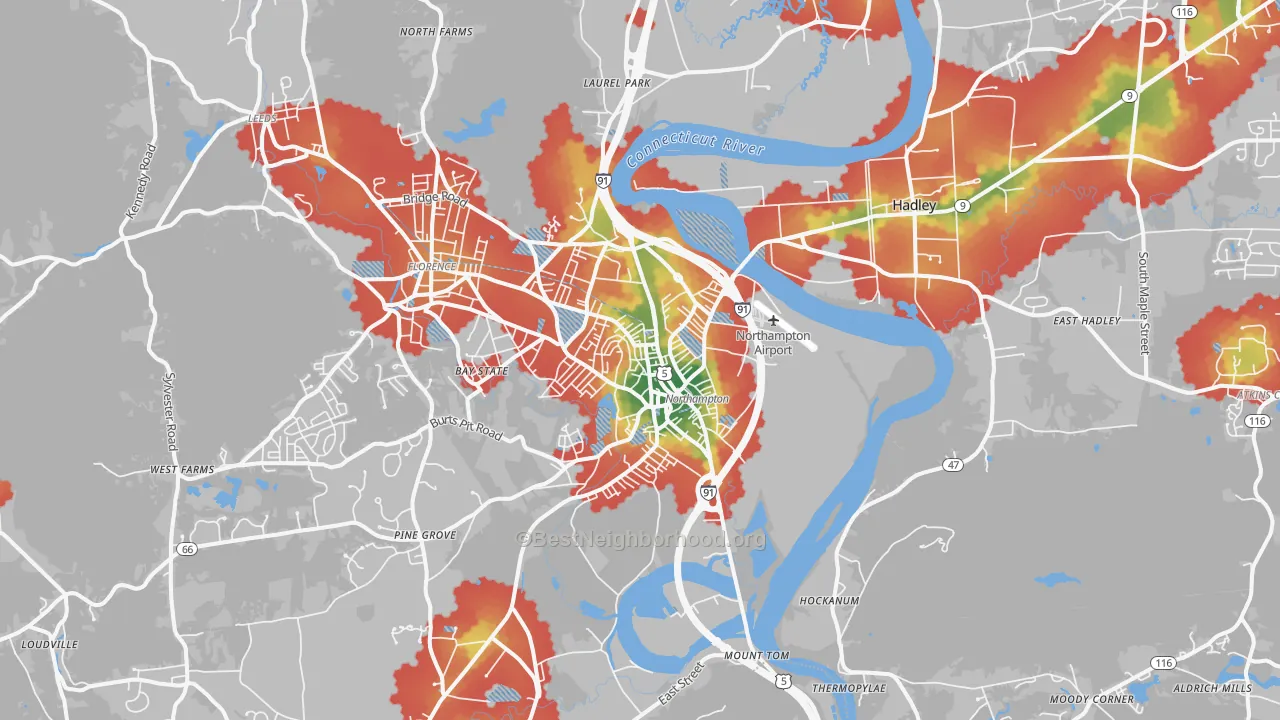 Walk Grade map of Northampton, MA, walkable areas in green and car-dependent areas in red