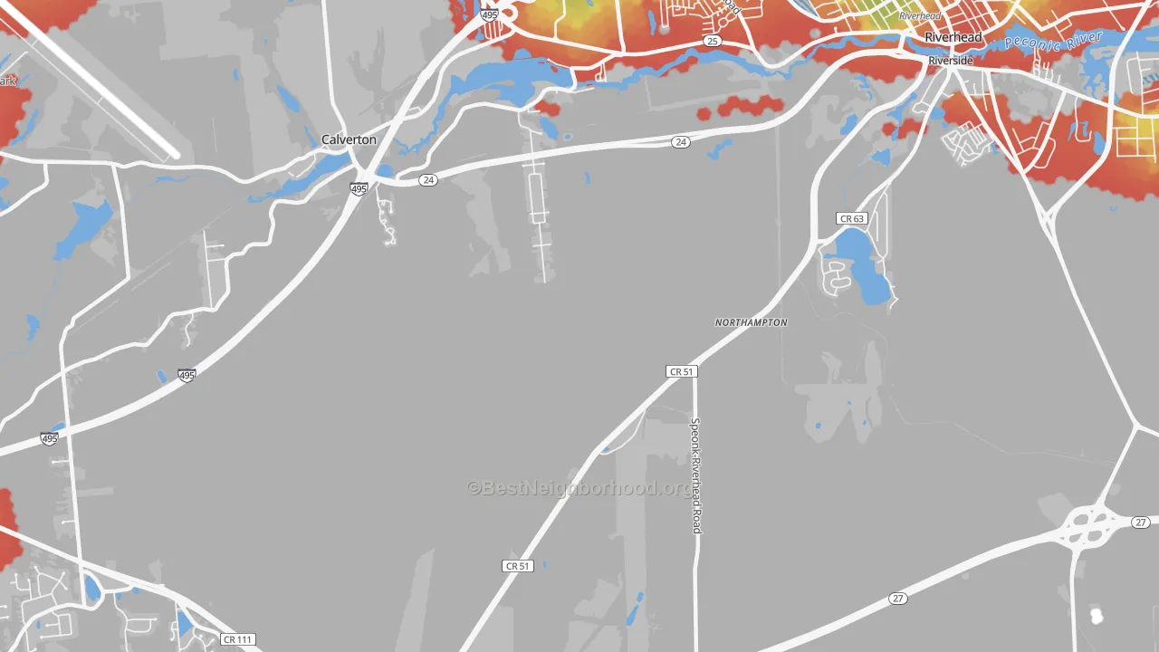 Walk Grade map of Northampton, NY, walkable areas in green and car-dependent areas in red