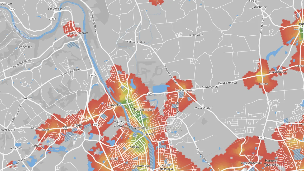 Walk Grade map of Northampton, PA, walkable areas in green and car-dependent areas in red
