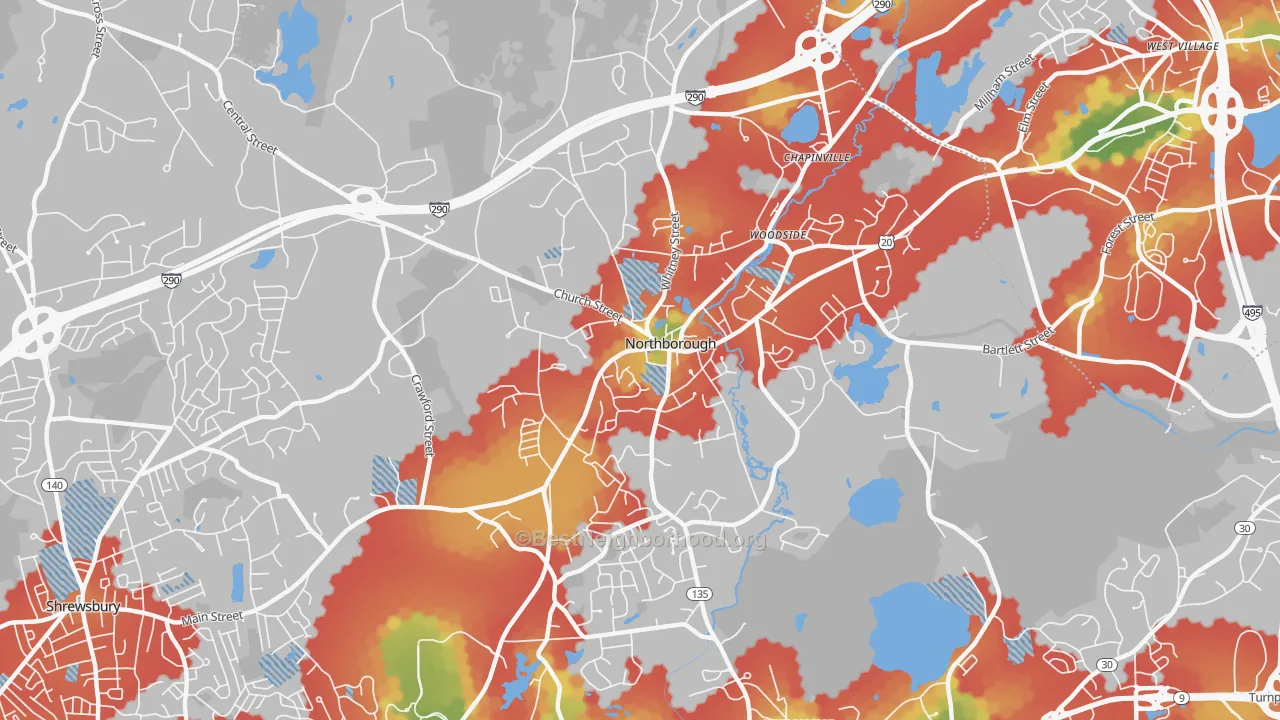 Walk Grade map of Northborough, MA, walkable areas in green and car-dependent areas in red