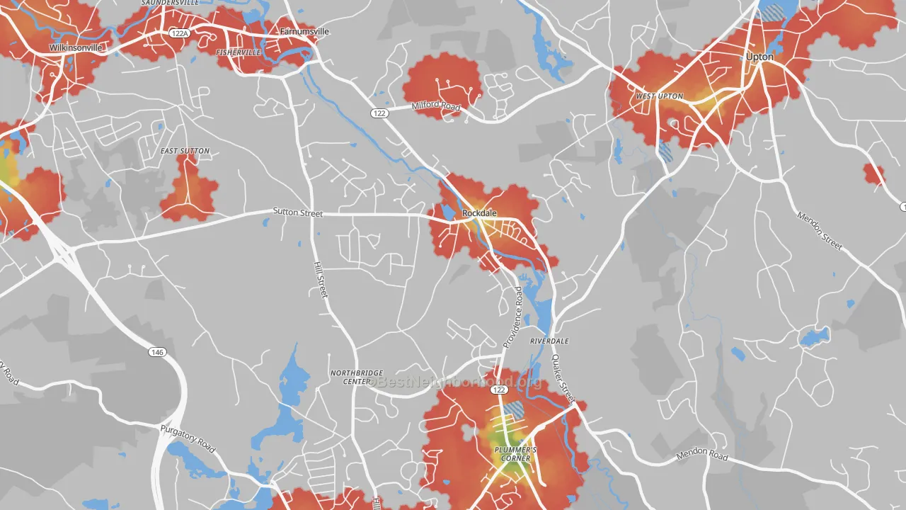 Walk Grade map of Northbridge, MA, walkable areas in green and car-dependent areas in red
