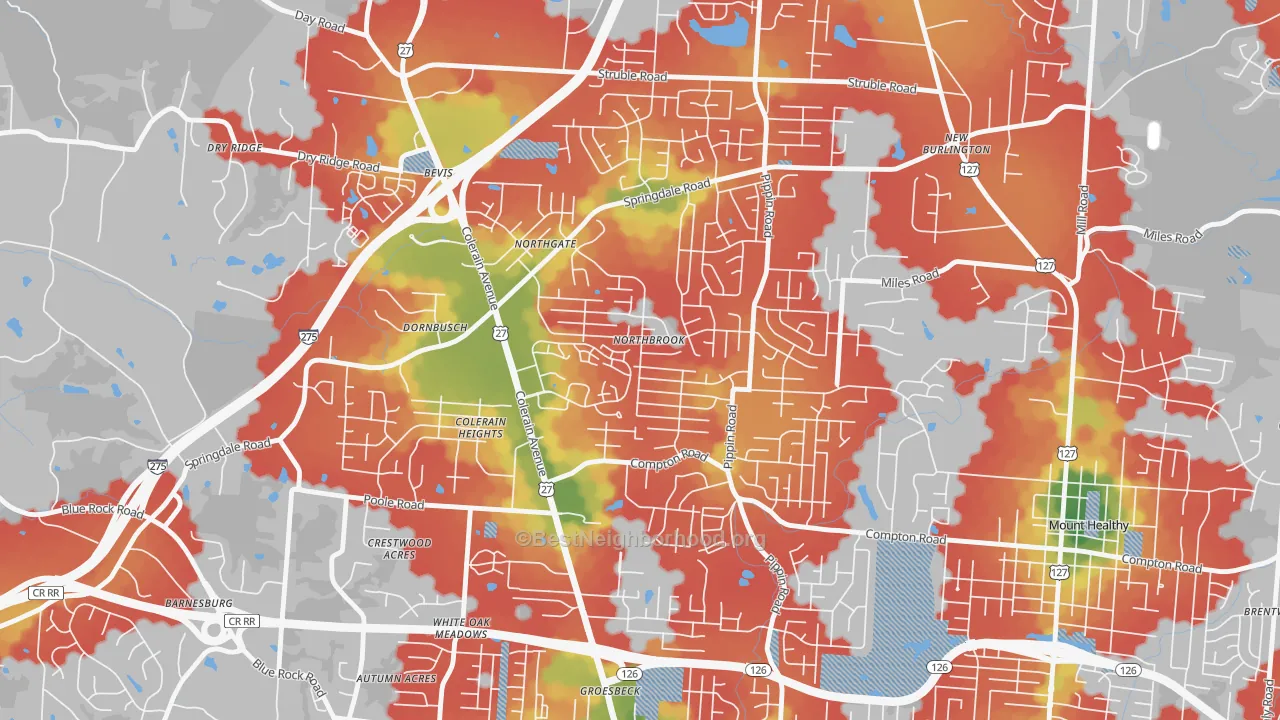 Walk Grade map of Northbrook, Cincinnati, OH, walkable areas in green and car-dependent areas in red