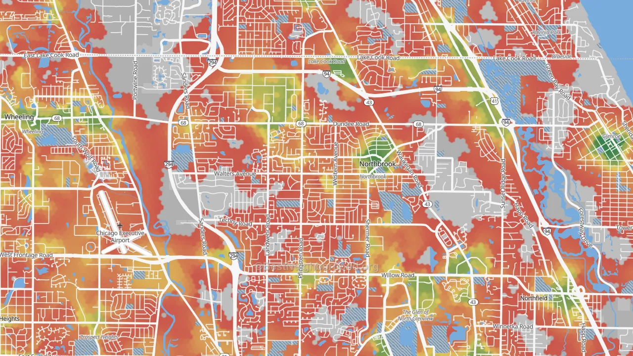 Walk Grade map of Northbrook, IL, walkable areas in green and car-dependent areas in red