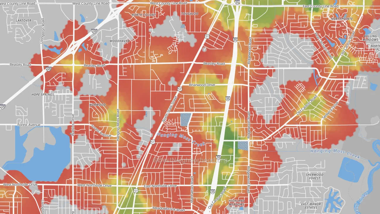 Walk Grade map of Northbrook, Jackson, MS, walkable areas in green and car-dependent areas in red