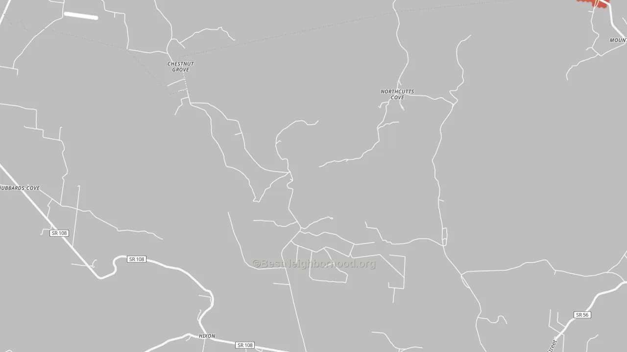 Walk Grade map of Northcutts Cove, TN, walkable areas in green and car-dependent areas in red