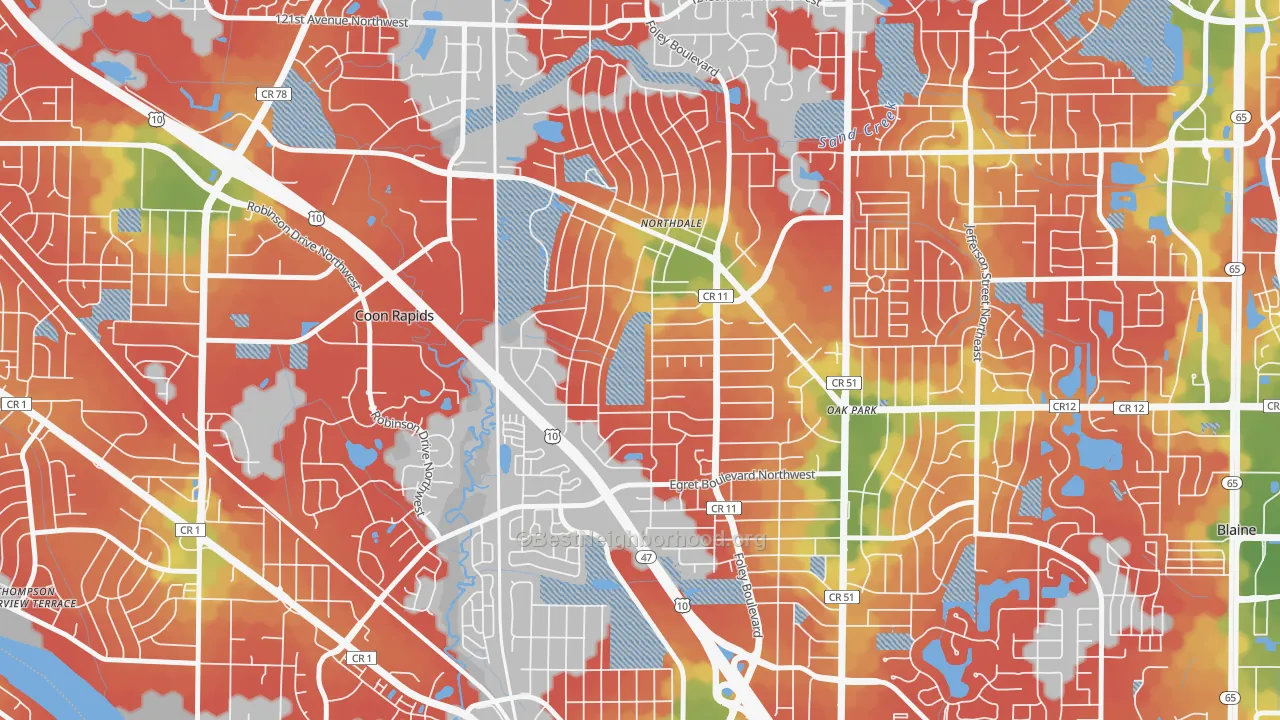 Walk Grade map of Northdale, Coon Rapids, MN, walkable areas in green and car-dependent areas in red