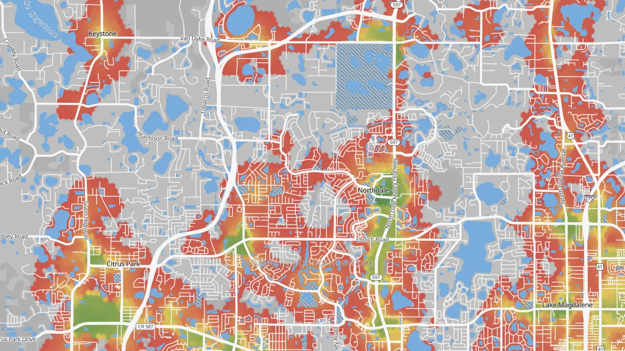 Walk Grade map of Northdale, FL, walkable areas in green and car-dependent areas in red