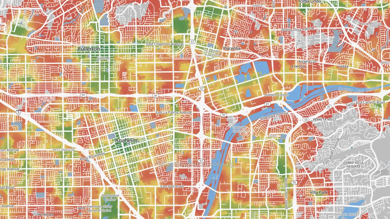 Walk Grade map of Northeast, Anaheim, CA, walkable areas in green and car-dependent areas in red