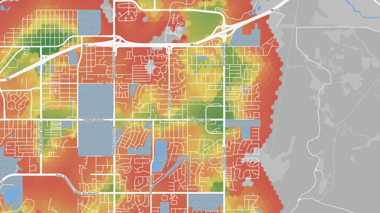Walk Grade map of Northeast, Anchorage, AK, walkable areas in green and car-dependent areas in red