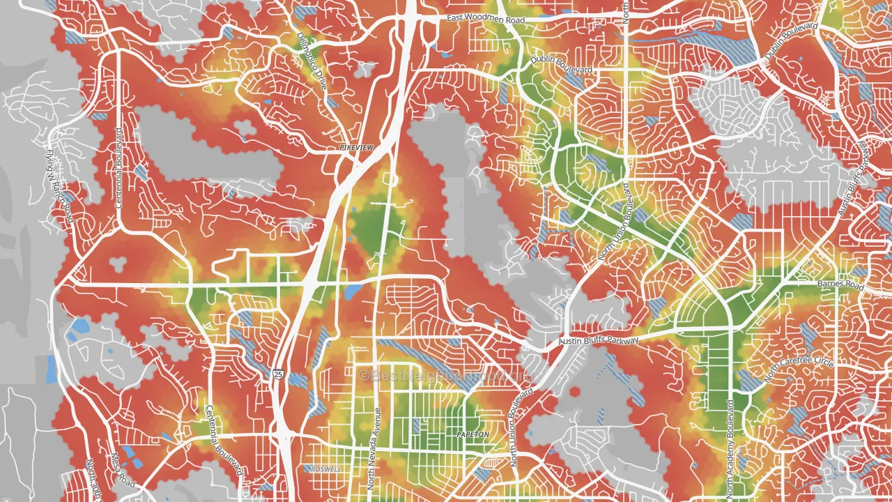 Walk Grade map of Northeast Colorado Springs, Colorado Springs, CO, walkable areas in green and car-dependent areas in red