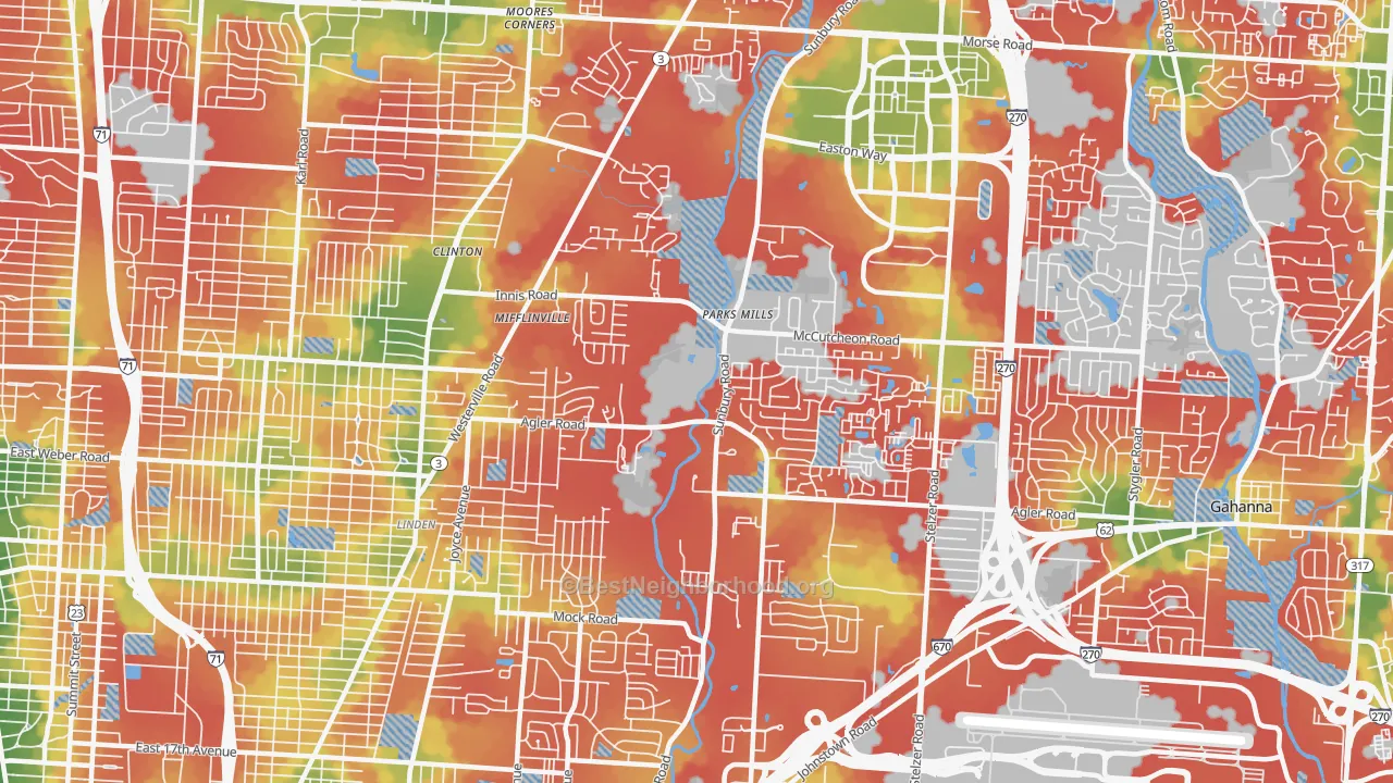 Walk Grade map of Northeast, Columbus, OH, walkable areas in green and car-dependent areas in red