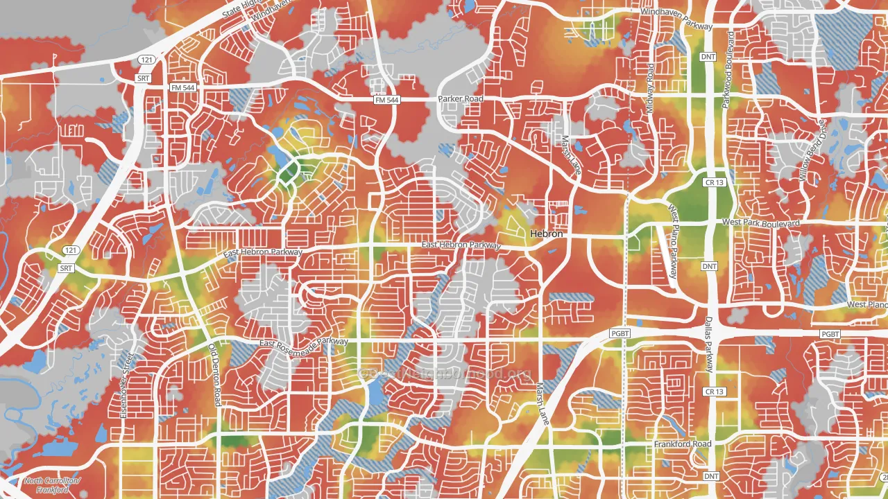 Walk Grade map of Northeast Dallas, Carrollton, TX, walkable areas in green and car-dependent areas in red