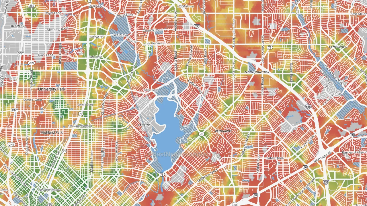 Walk Grade map of Northeast Dallas-White Rock, Dallas, TX, walkable areas in green and car-dependent areas in red