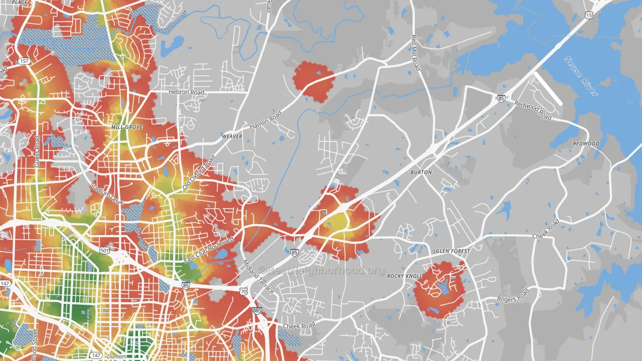 Walk Grade map of Northeast Durham, Durham, NC, walkable areas in green and car-dependent areas in red