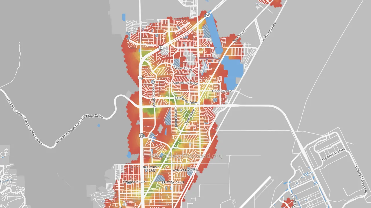 Walk Grade map of Northeast, El Paso, TX, walkable areas in green and car-dependent areas in red