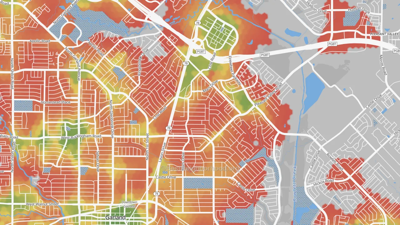 Walk Grade map of Northeast Garland, Garland, TX, walkable areas in green and car-dependent areas in red