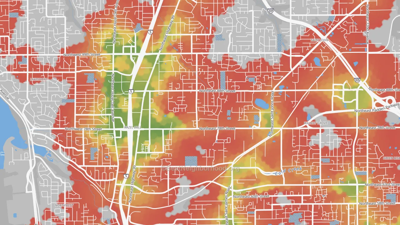 Walk Grade map of Northeast Hazel Dell, Hazel Dell, WA, walkable areas in green and car-dependent areas in red
