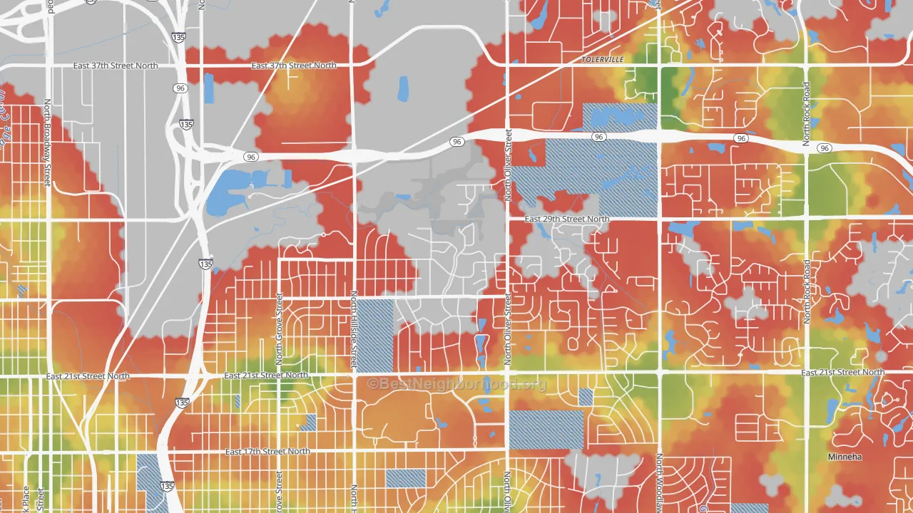 Walk Grade map of Northeast Heights, Wichita, KS, walkable areas in green and car-dependent areas in red