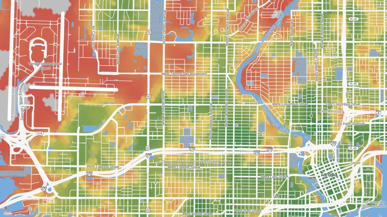 Walk Grade map of Northeast MacFarlane, Tampa, FL, walkable areas in green and car-dependent areas in red