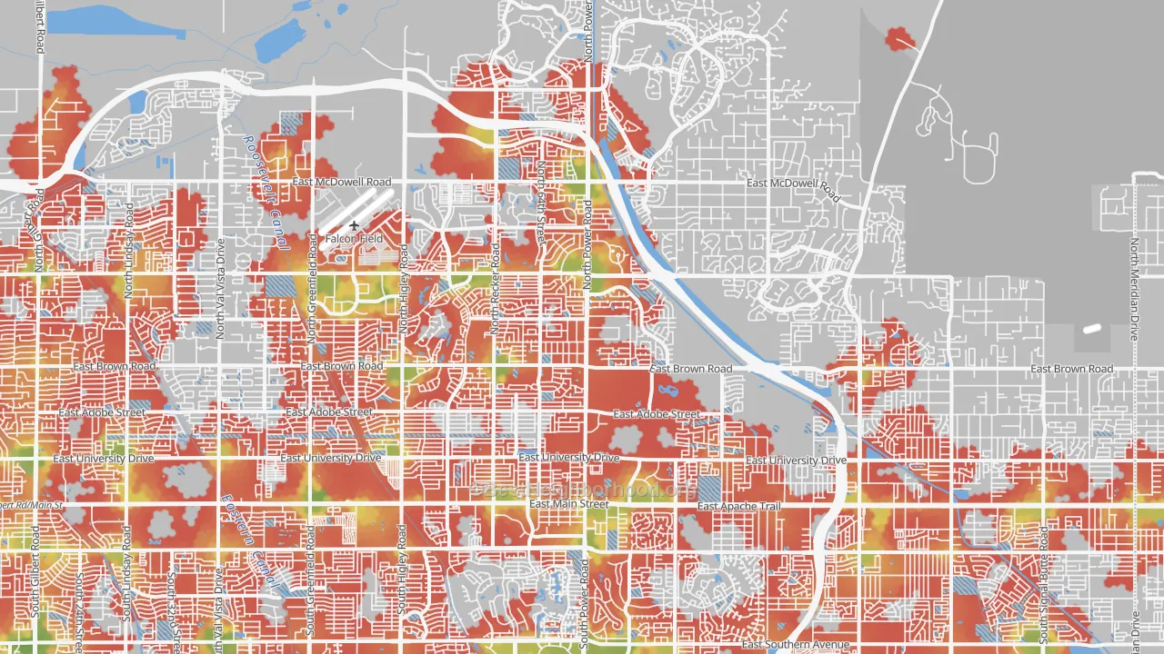 Walk Grade map of Northeast, Mesa, AZ, walkable areas in green and car-dependent areas in red