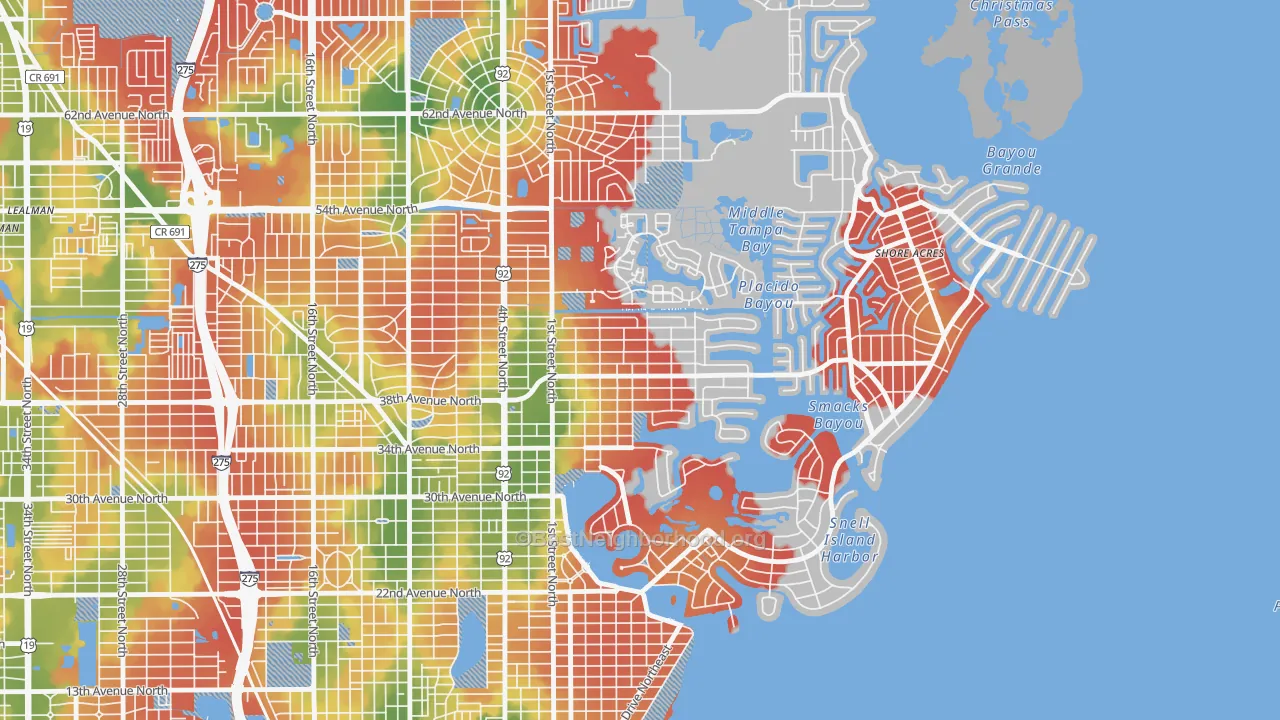 Walk Grade map of Northeast Park, St. Petersburg, FL, walkable areas in green and car-dependent areas in red