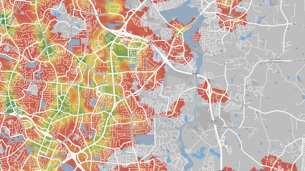 Walk Grade map of Northeast Raleigh, Raleigh, NC, walkable areas in green and car-dependent areas in red