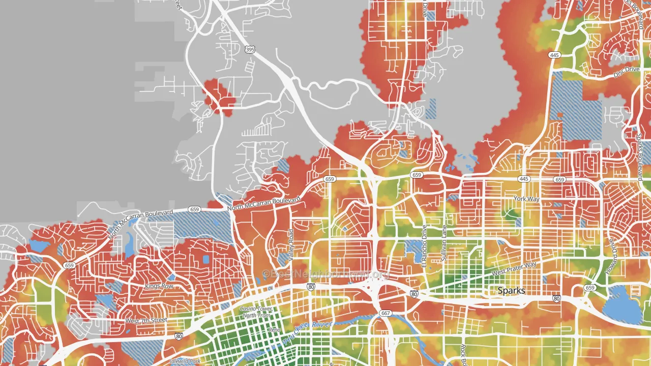 Walk Grade map of Northeast, Reno, NV, walkable areas in green and car-dependent areas in red