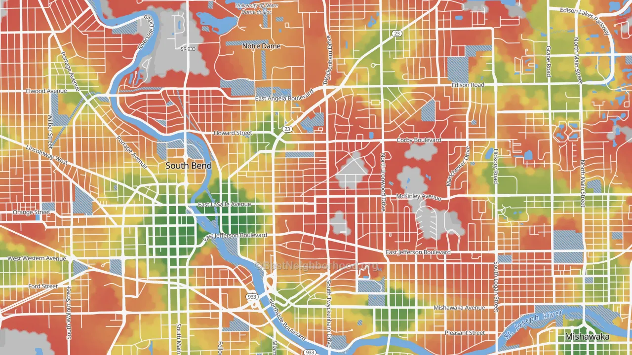 Walk Grade map of Northeast, South Bend, IN, walkable areas in green and car-dependent areas in red