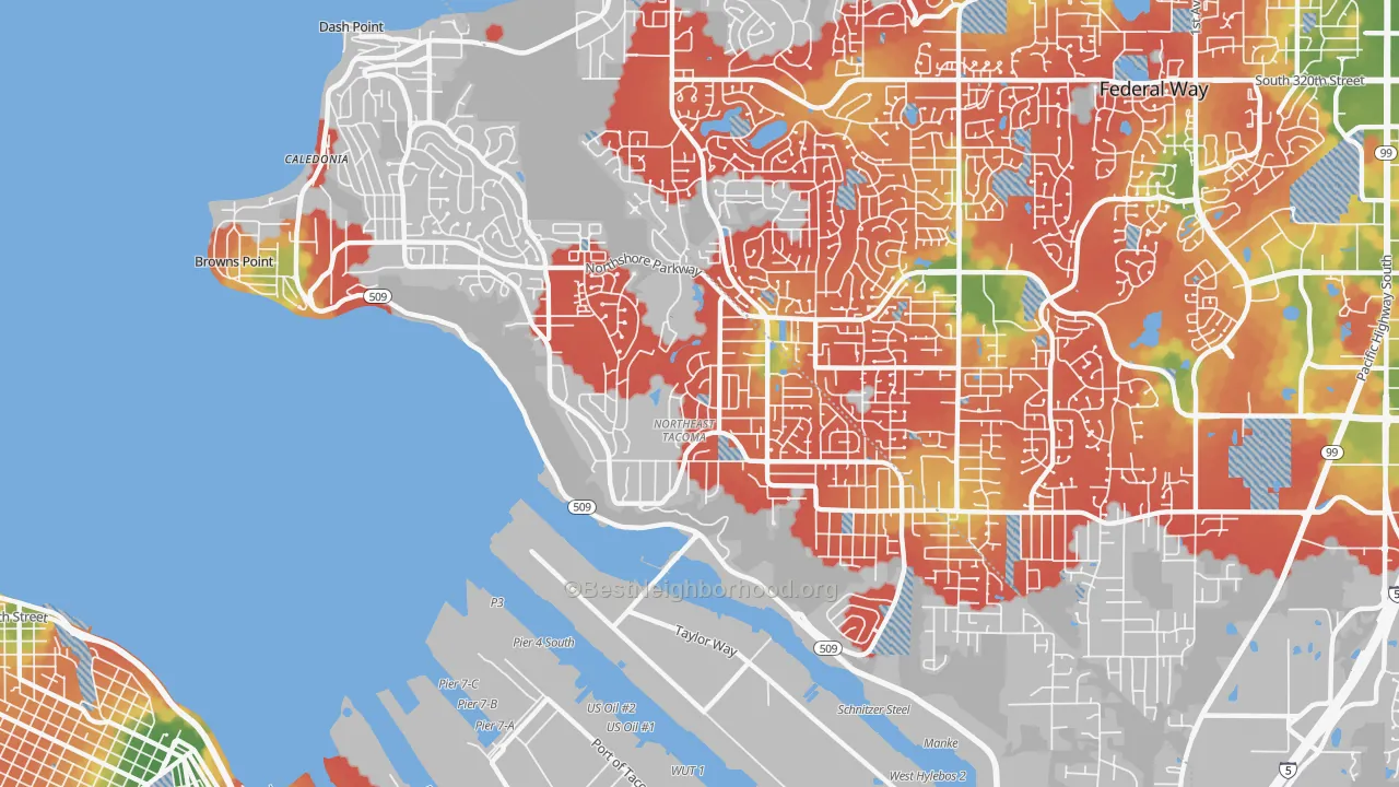 Walk Grade map of Northeast Tacoma, Tacoma, WA, walkable areas in green and car-dependent areas in red