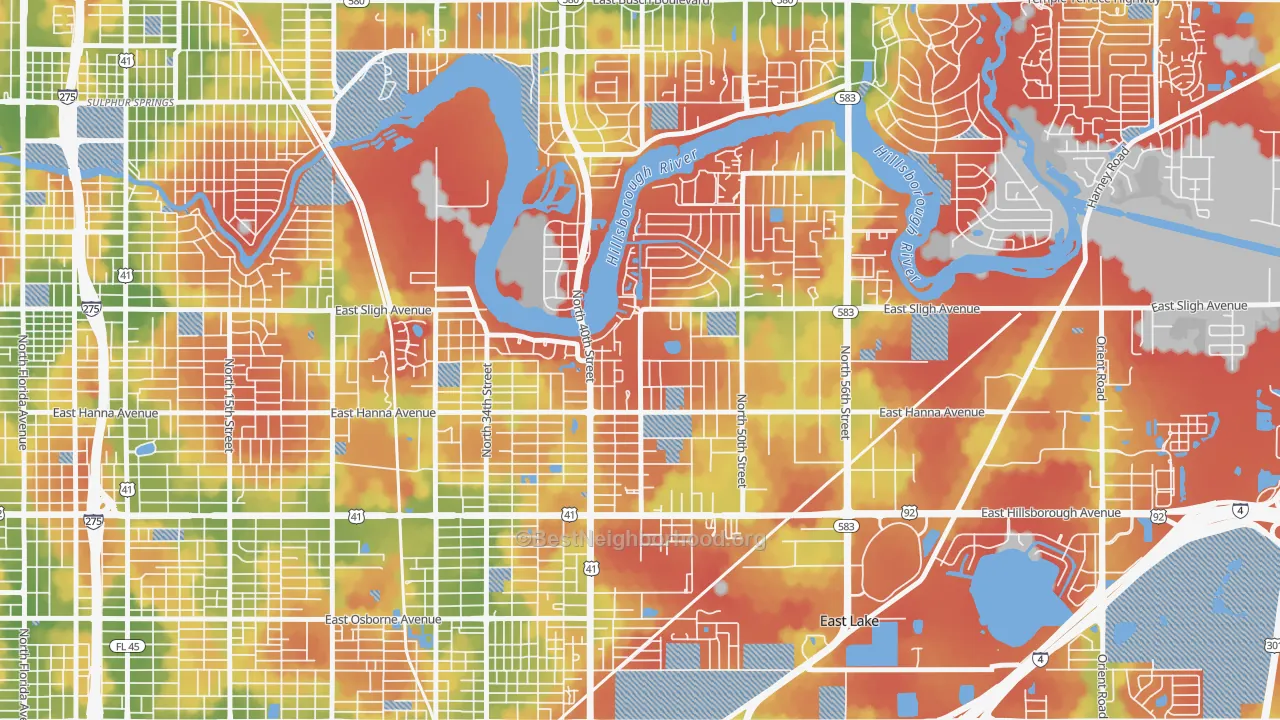 Walk Grade map of Northeast, Tampa, FL, walkable areas in green and car-dependent areas in red