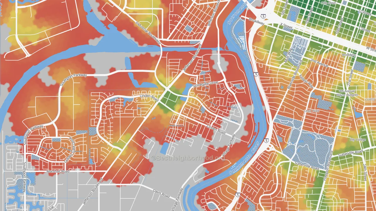 Walk Grade map of Northeast Village, West Sacramento, CA, walkable areas in green and car-dependent areas in red