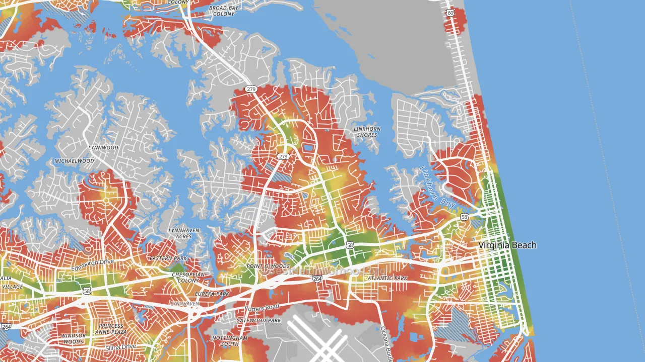 Walk Grade map of Northeast, Virginia Beach, VA, walkable areas in green and car-dependent areas in red