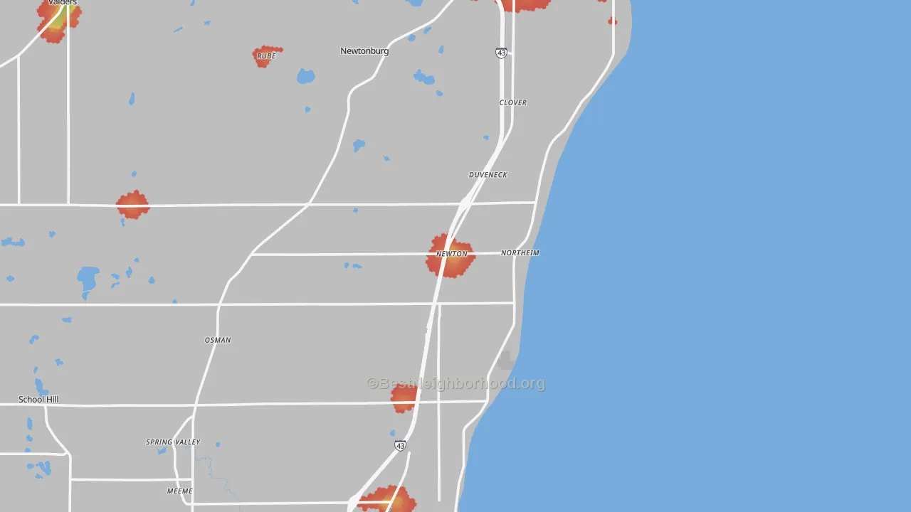Walk Grade map of Northeim, WI, walkable areas in green and car-dependent areas in red