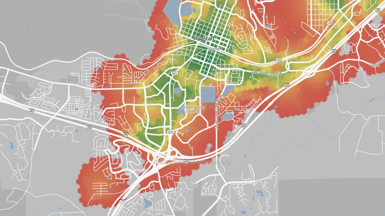Walk Grade map of Northern Arizona University, Flagstaff, AZ, walkable areas in green and car-dependent areas in red