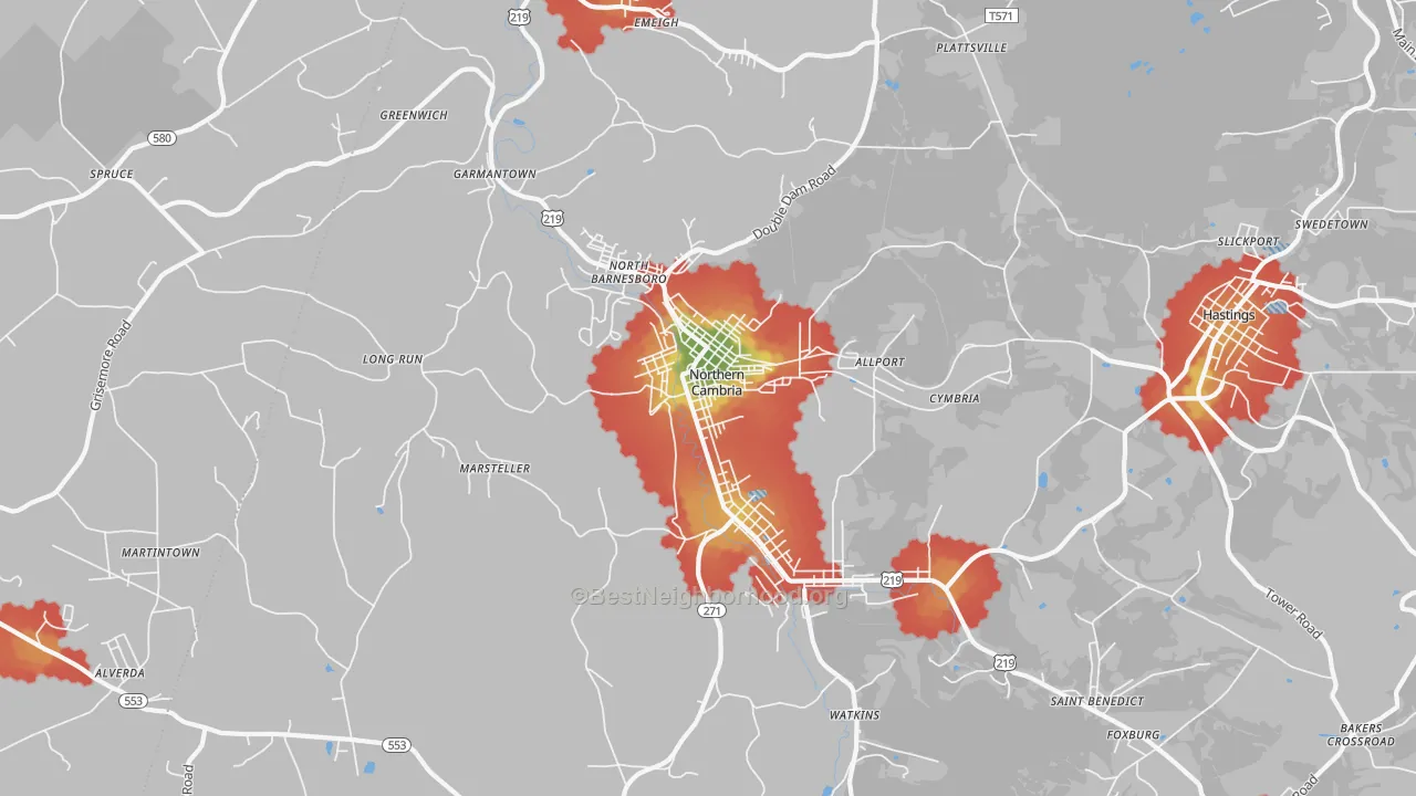 Walk Grade map of Northern Cambria, PA, walkable areas in green and car-dependent areas in red