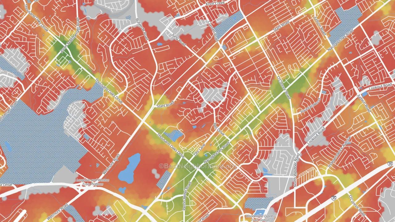Walk Grade map of Northern Hills, San Antonio, TX, walkable areas in green and car-dependent areas in red