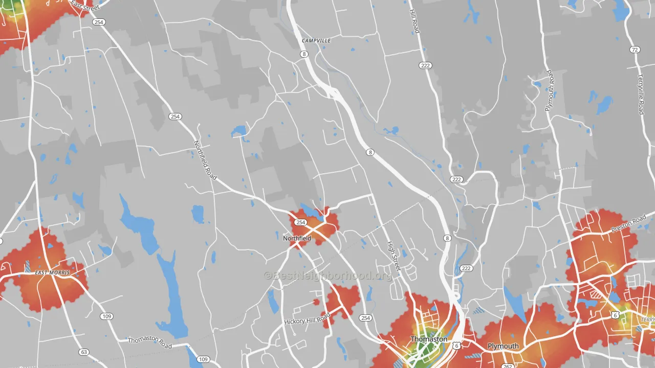 Walk Grade map of Northfield, CT, walkable areas in green and car-dependent areas in red