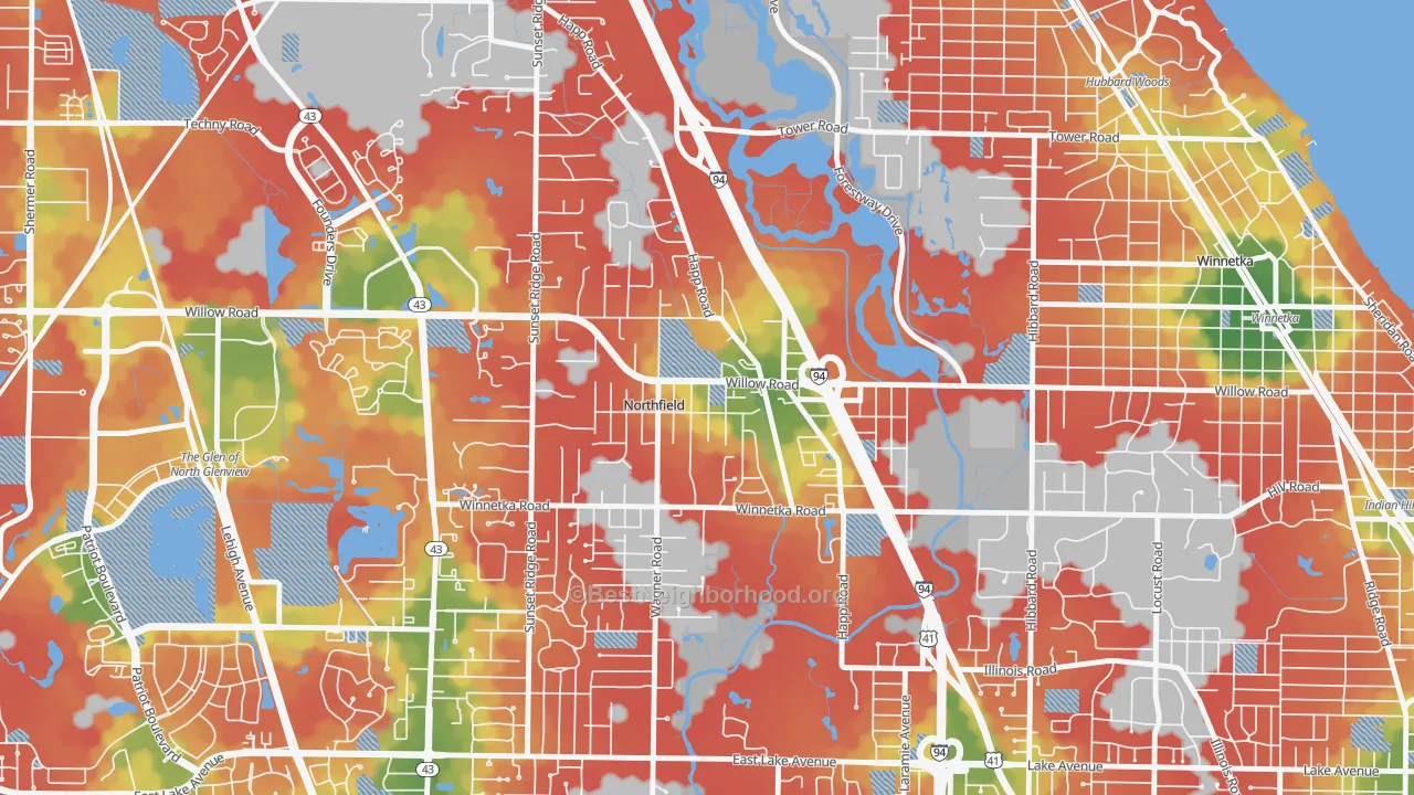 Walk Grade map of Northfield, IL, walkable areas in green and car-dependent areas in red