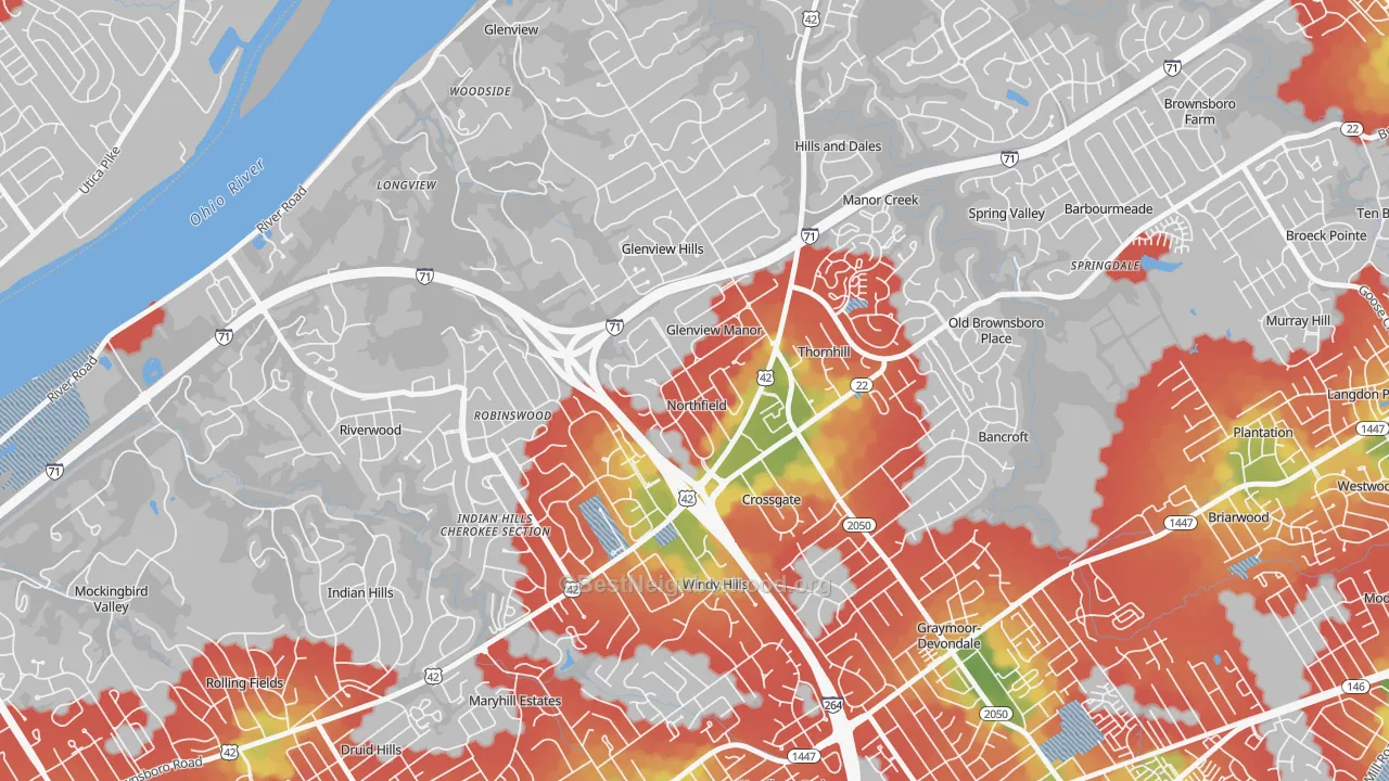 Walk Grade map of Northfield, KY, walkable areas in green and car-dependent areas in red