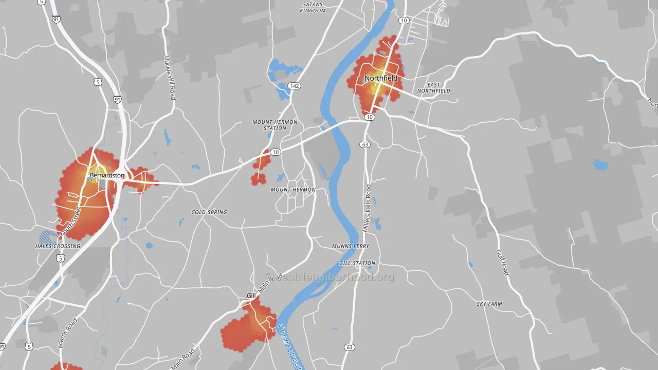 Walk Grade map of Northfield, MA, walkable areas in green and car-dependent areas in red
