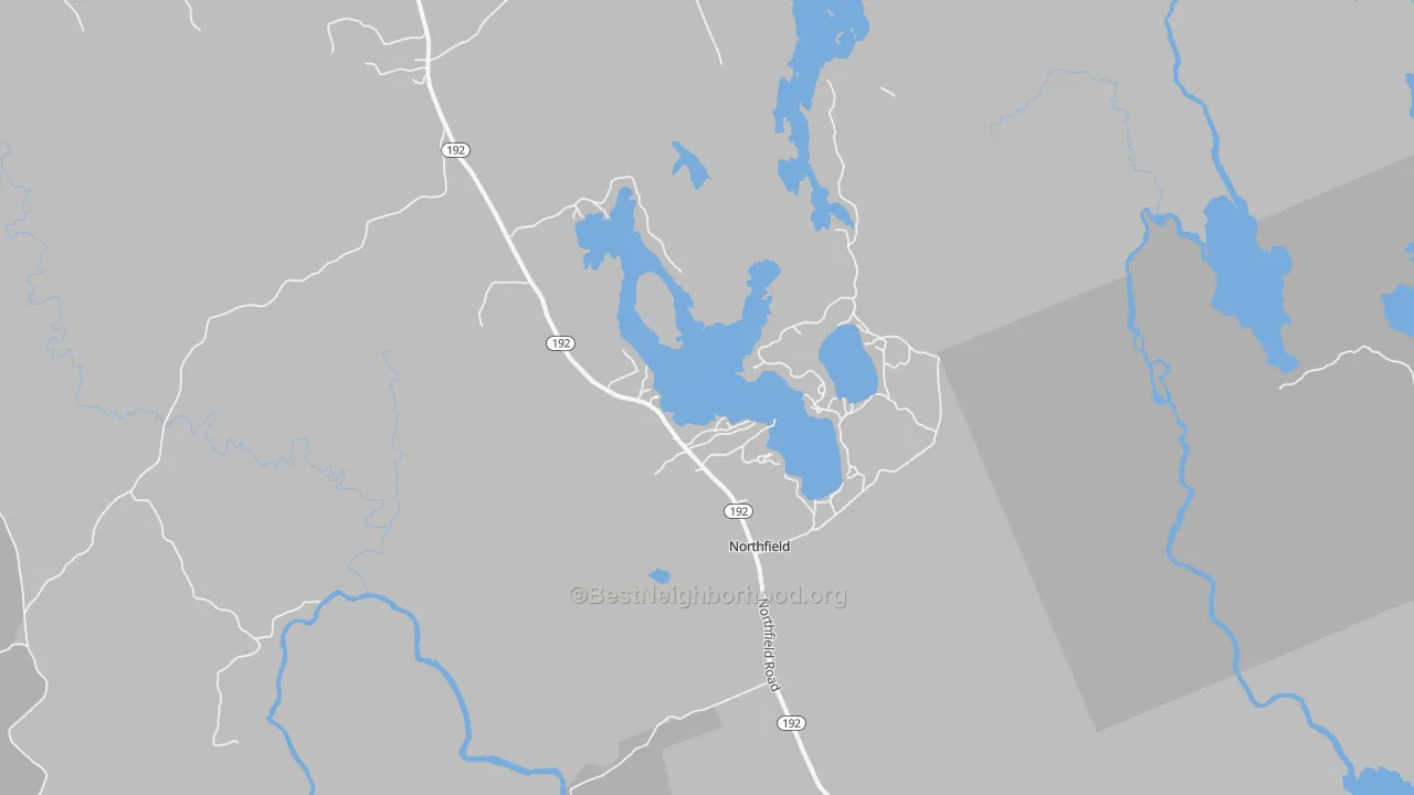 Walk Grade map of Northfield, ME, walkable areas in green and car-dependent areas in red