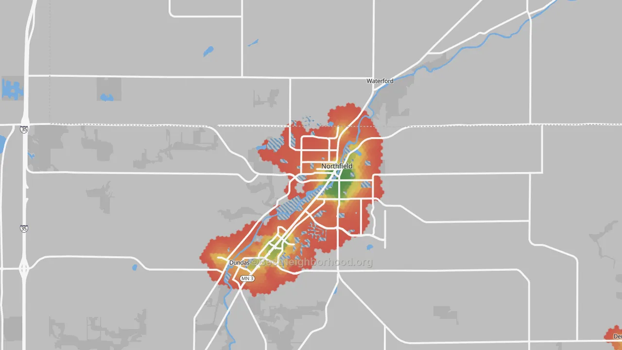 Walk Grade map of Northfield, MN, walkable areas in green and car-dependent areas in red