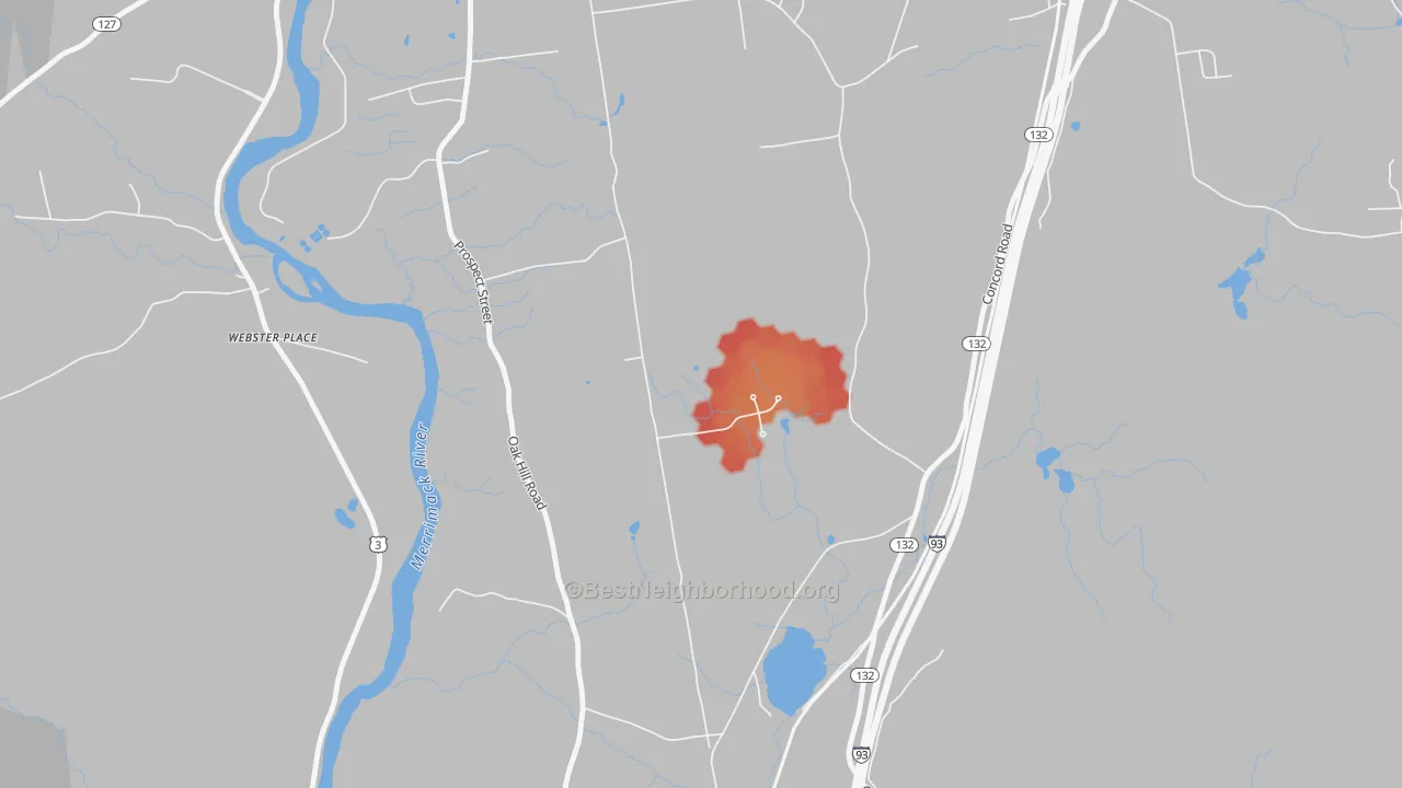 Walk Grade map of Northfield, NH, walkable areas in green and car-dependent areas in red